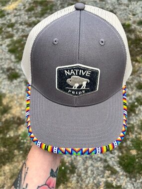 Gray Hat with Multicolor Beaded Brim
